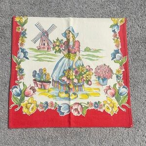 Vintage Red White Dutch Girl Windmill Tulips Kitchen Tea Towel Kitschy Retro